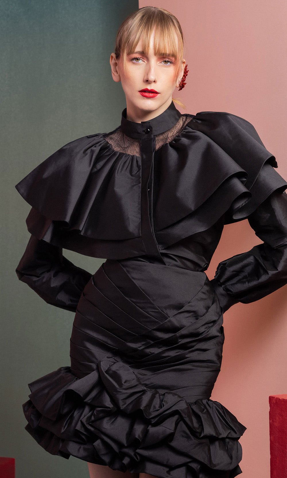 MNM COUTURE GOF2539 - High Neck Ruffled Taffeta Short Dress Cocktail Dresses in Black