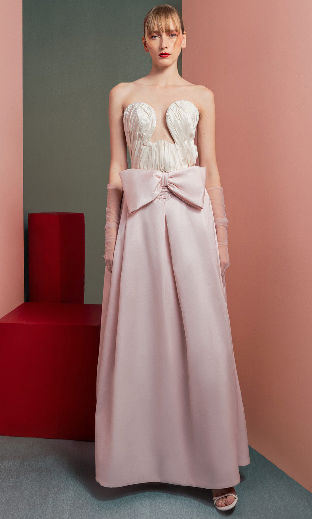 MNM COUTURE GOF2540 - Deep Sweetheart A-Line Gown with Bow Prom Dresses Pink in and Off White
