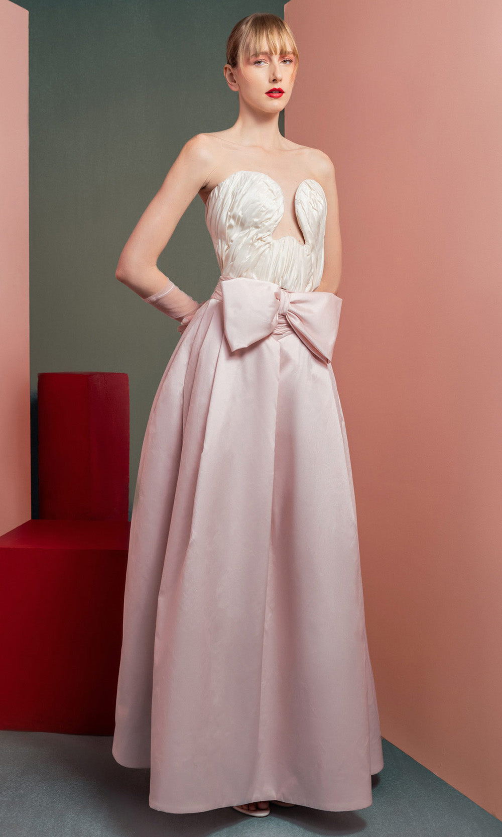 MNM COUTURE GOF2540 - Deep Sweetheart A-Line Gown with Bow Prom Dresses Pink in and Off White