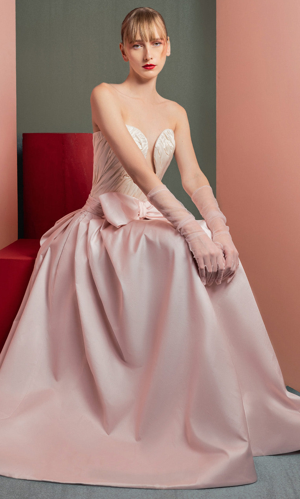MNM COUTURE GOF2540 - Deep Sweetheart A-Line Gown with Bow Prom Dresses Pink in and Off White