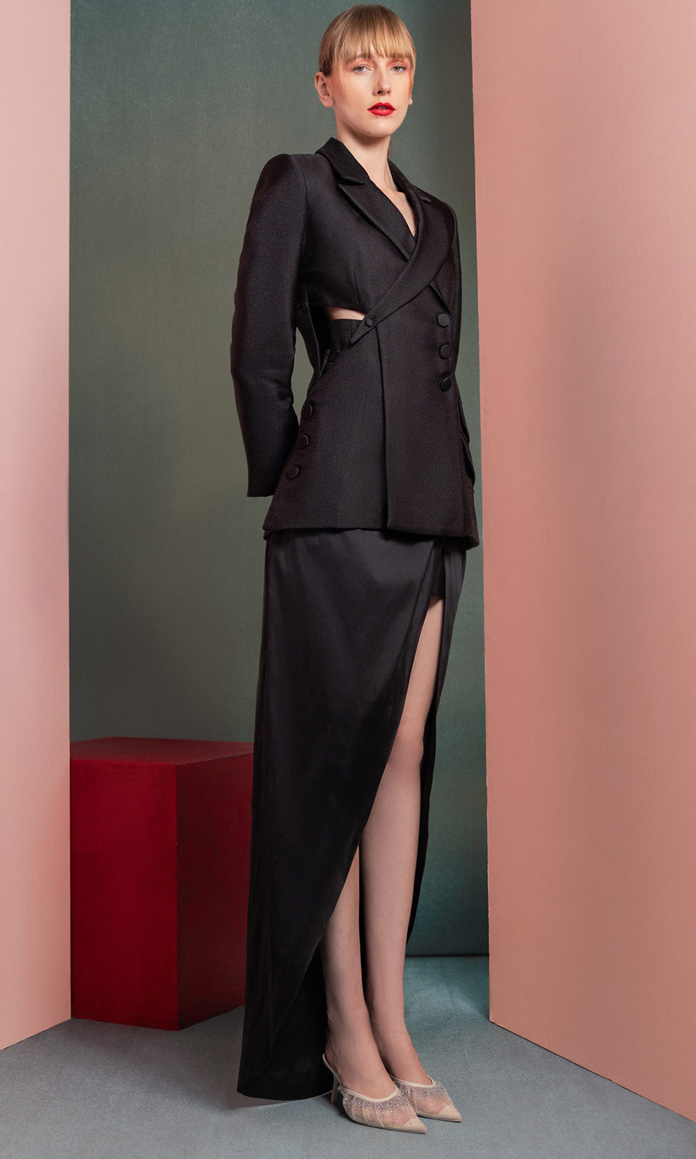 MNM COUTURE GOF2542 - V-Neck Mikado Column Gown with Blazer Top Prom Dresses in Black