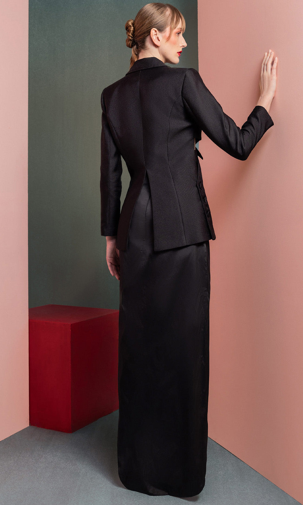 MNM COUTURE GOF2542 - V-Neck Mikado Column Gown with Blazer Top Prom Dresses in Black