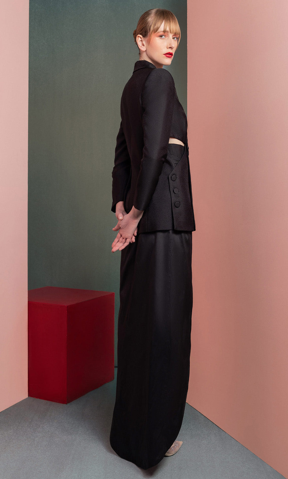 MNM COUTURE GOF2542 - V-Neck Mikado Column Gown with Blazer Top Prom Dresses in Black