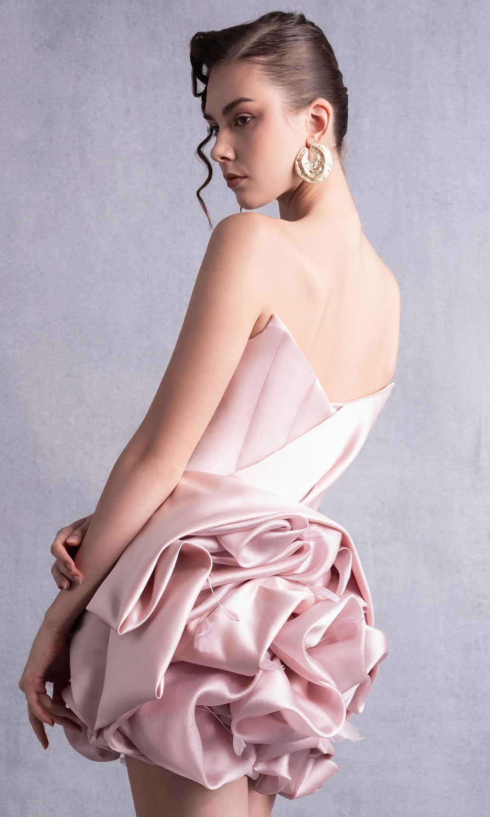 MNM COUTURE GOS2502 - Straight Neck Ruffled Dress with Feather Accent Cocktail Dresses Pink