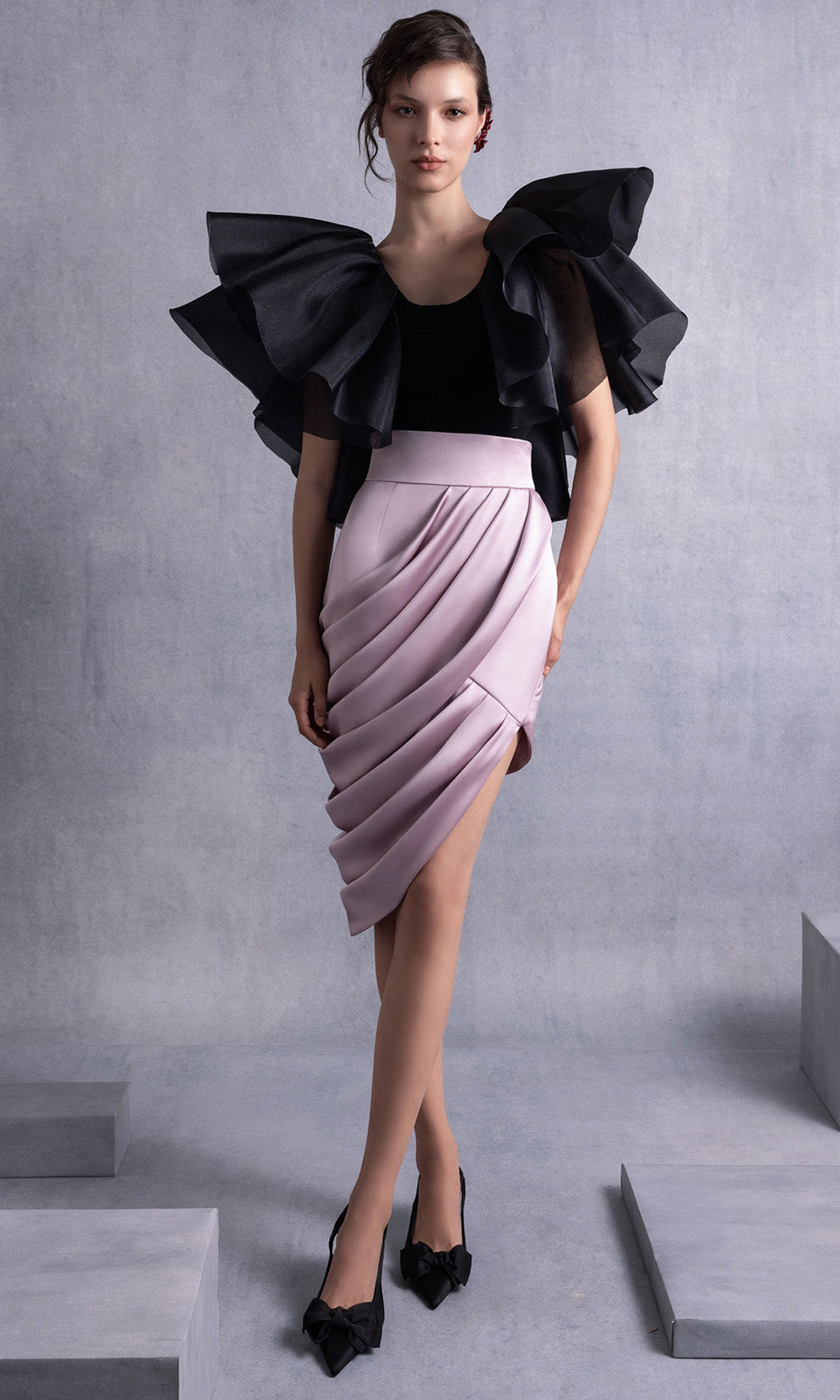 MNM COUTURE GOS2503 - Scoop Neck Sculptural Sleeve Cocktail Dress Party Dresses in Black Pink