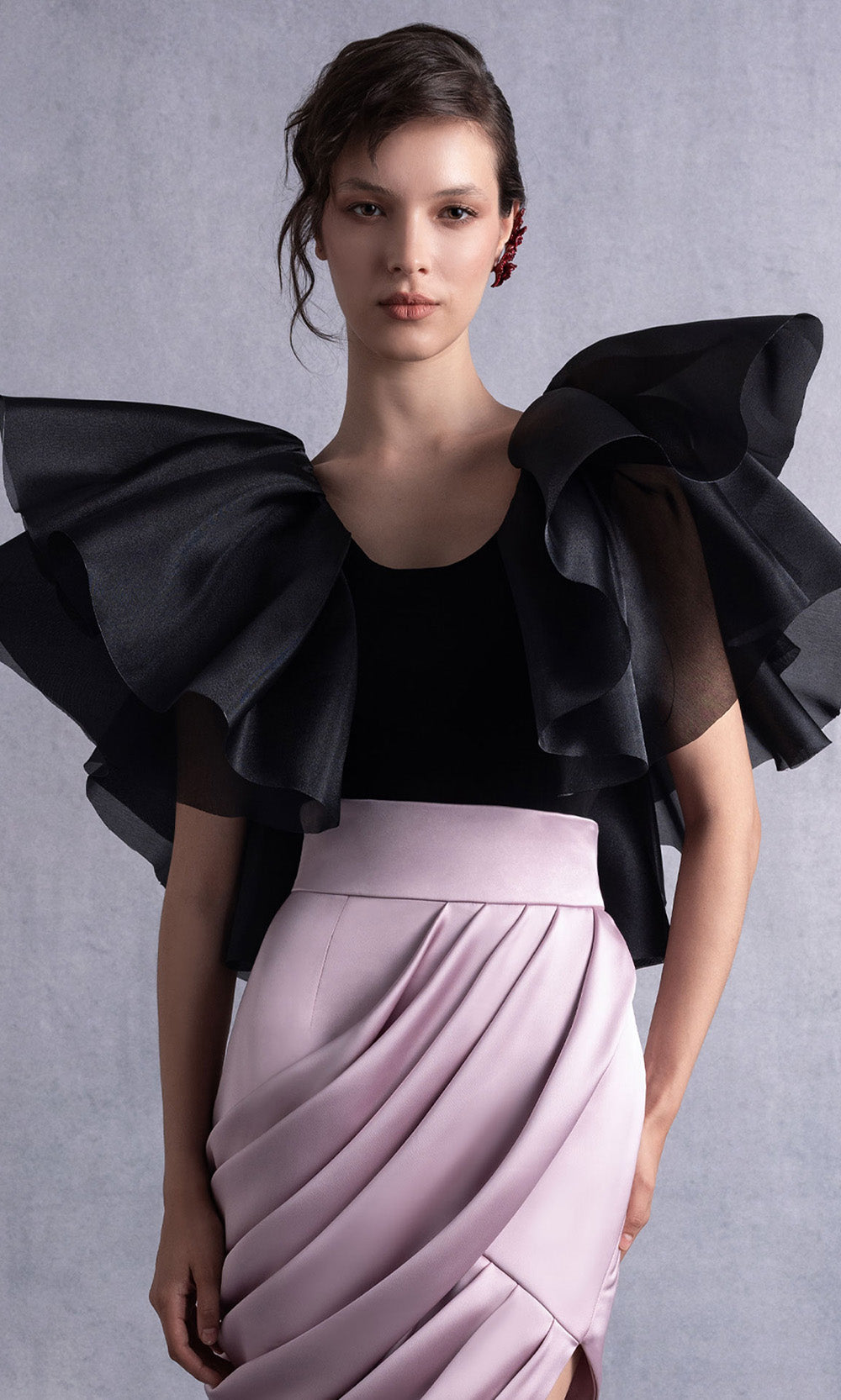 MNM COUTURE GOS2503 - Scoop Neck Sculptural Sleeve Cocktail Dress Party Dresses in Black Pink