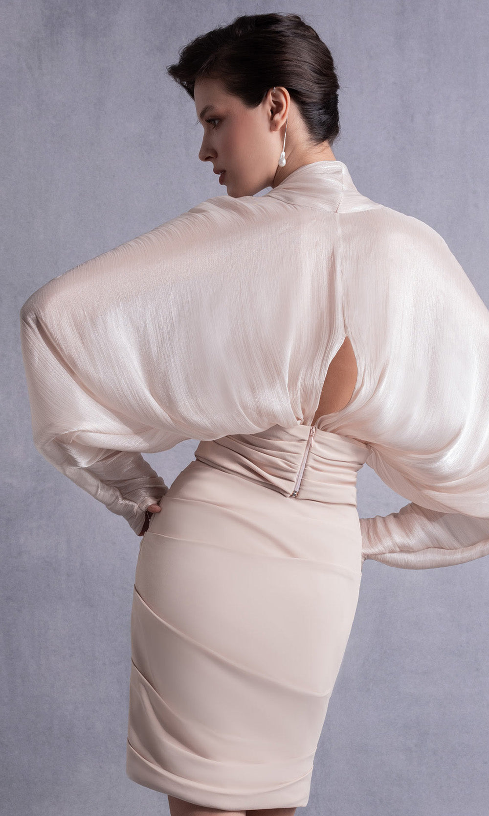 MNM COUTURE GOS2505 - Batwing Sleeve Ruched Short Dress Cocktail Dresses in Nude