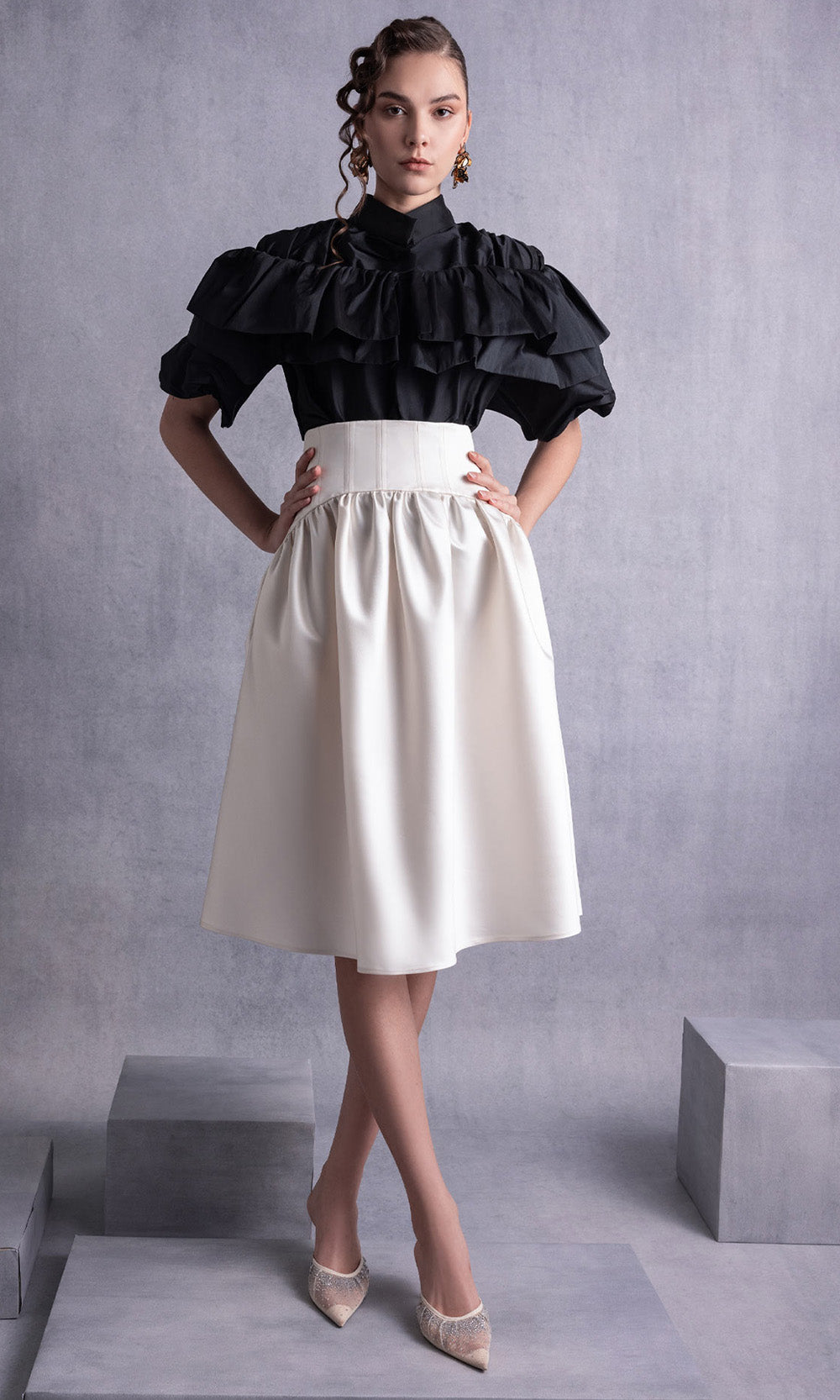 MNM COUTURE GOS2506 - Short Sleeve A-Line Dress with Ruffled Top Prom Dresses in Black Gold
