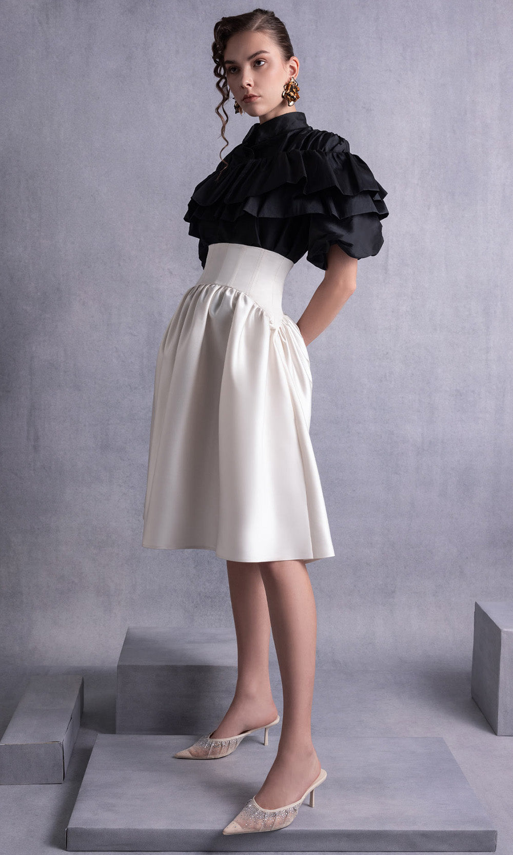 MNM COUTURE GOS2506 - Short Sleeve A-Line Dress with Ruffled Top Prom Dresses in Black Gold