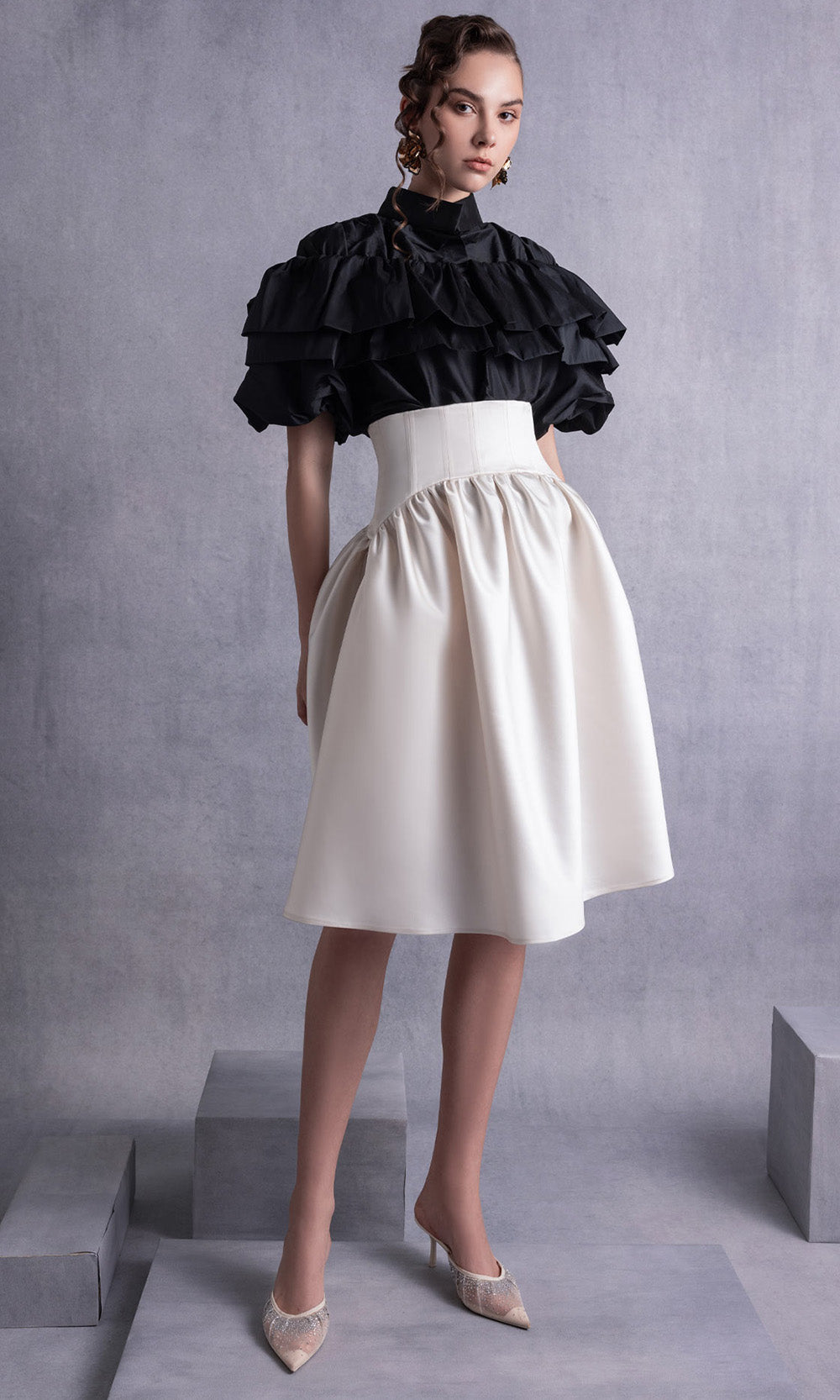 MNM COUTURE GOS2506 - Short Sleeve A-Line Dress with Ruffled Top Prom Dresses in Black Gold