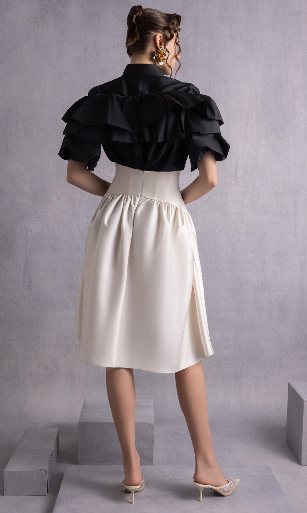 MNM COUTURE GOS2506 - Short Sleeve A-Line Dress with Ruffled Top Prom Dresses in Black Gold