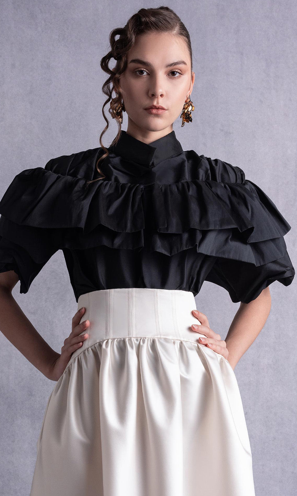 MNM COUTURE GOS2506 - Short Sleeve A-Line Dress with Ruffled Top Prom Dresses in Black Gold