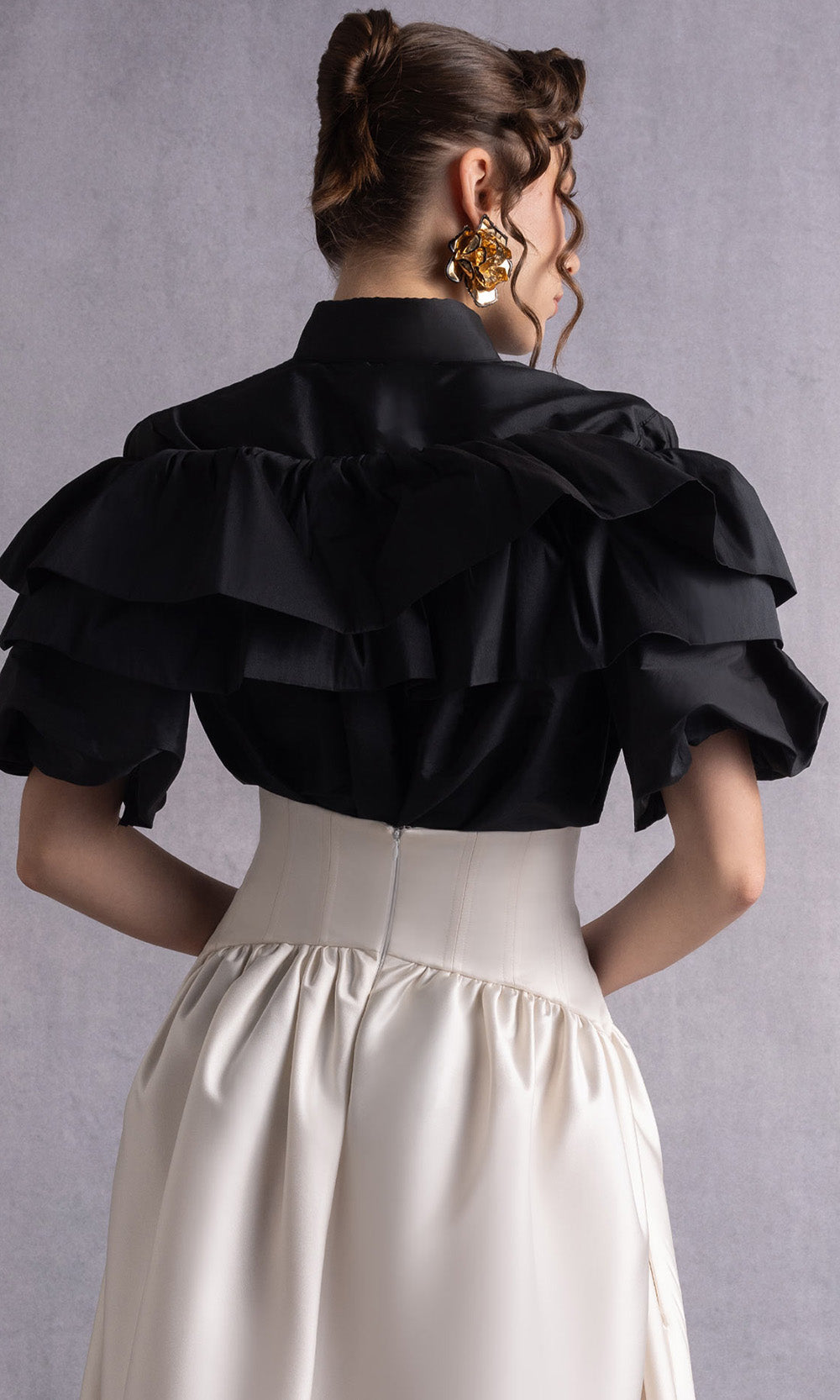 MNM COUTURE GOS2506 - Short Sleeve A-Line Dress with Ruffled Top Prom Dresses in Black Gold