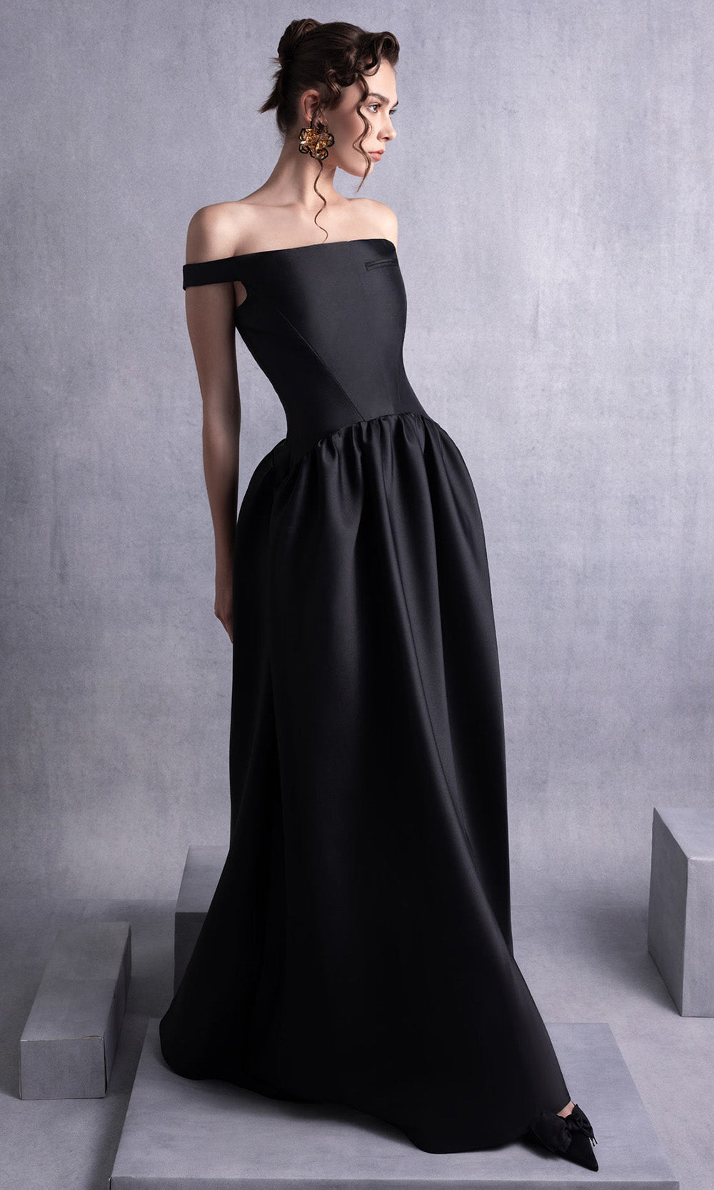 MNM COUTURE GOS2507 - Straight Across Gathered Skirt Gown Prom Dresses in Black