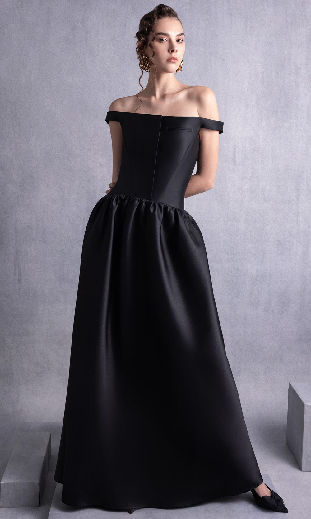 MNM COUTURE GOS2507 - Straight Across Gathered Skirt Gown Prom Dresses in Black