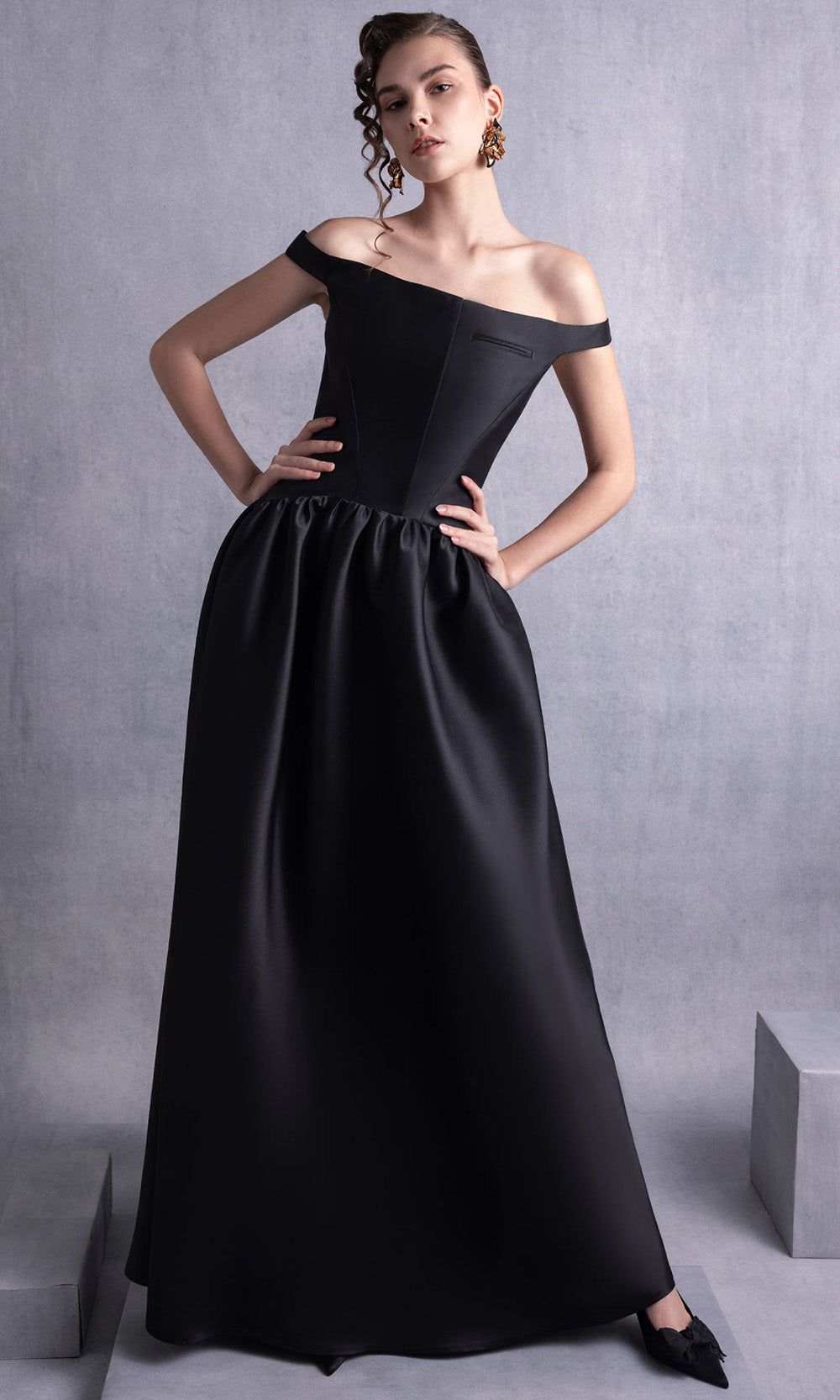 MNM COUTURE GOS2507 - Straight Across Gathered Skirt Gown Prom Dresses in Black