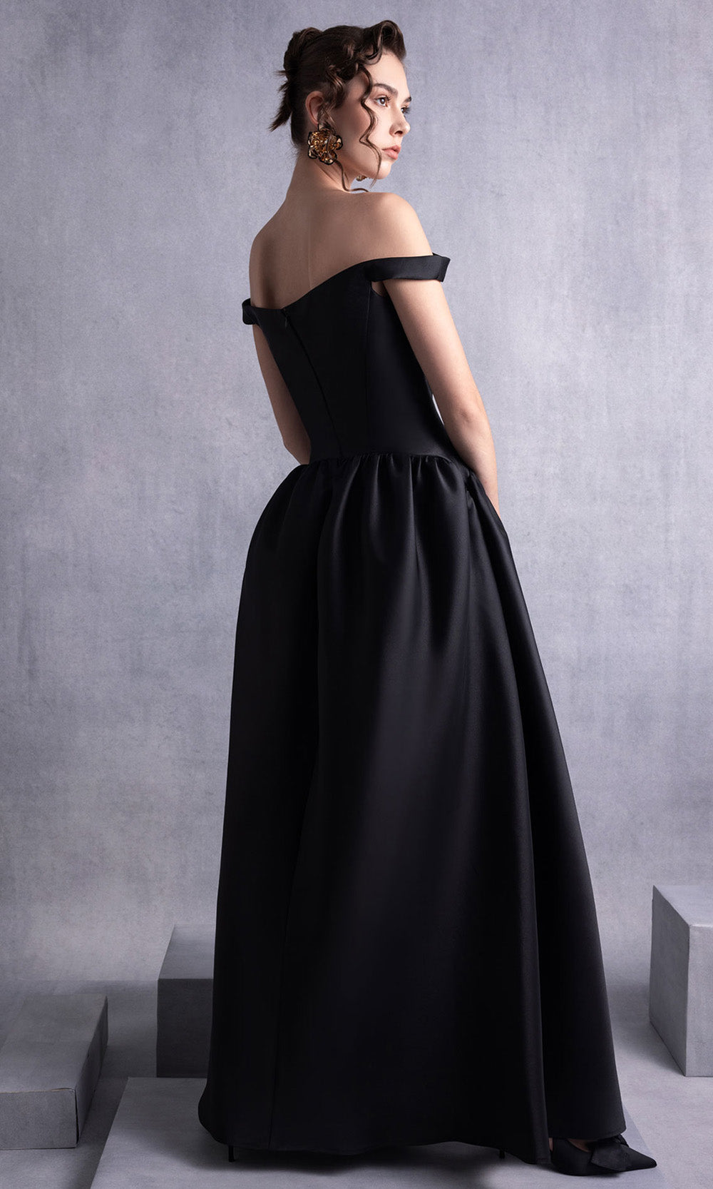 MNM COUTURE GOS2507 - Straight Across Gathered Skirt Gown Prom Dresses in Black