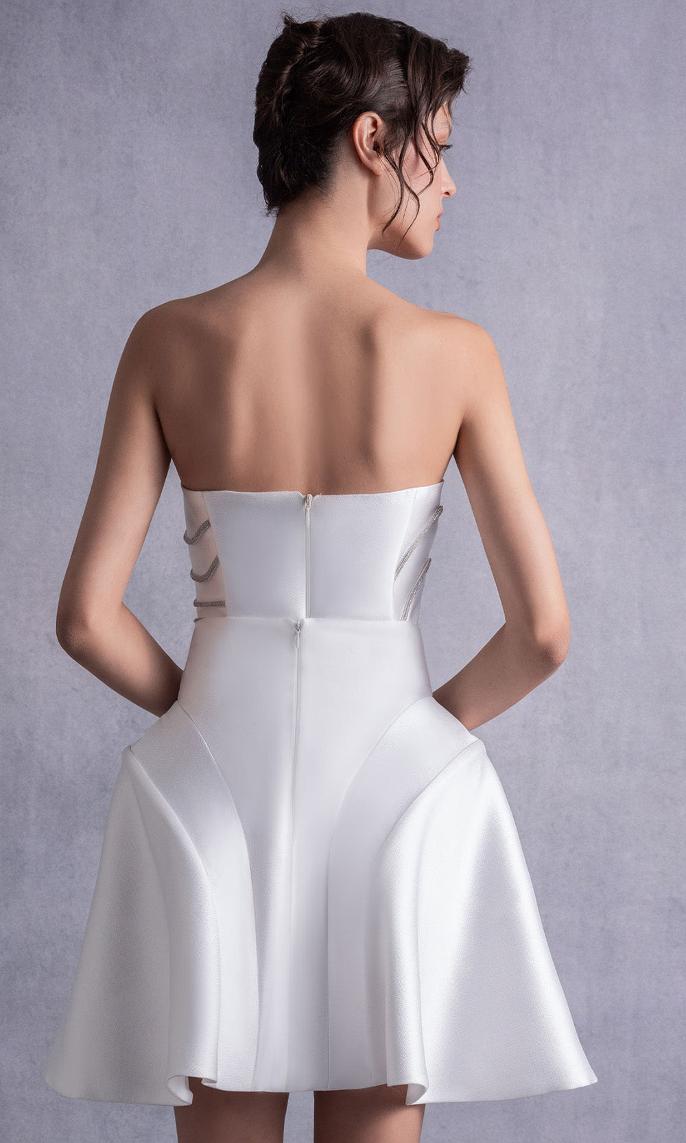 MNM COUTURE GOS2508 - Strapless A-Line Mini Dress with Crystal Trim Cocktail Dresses in Off White
