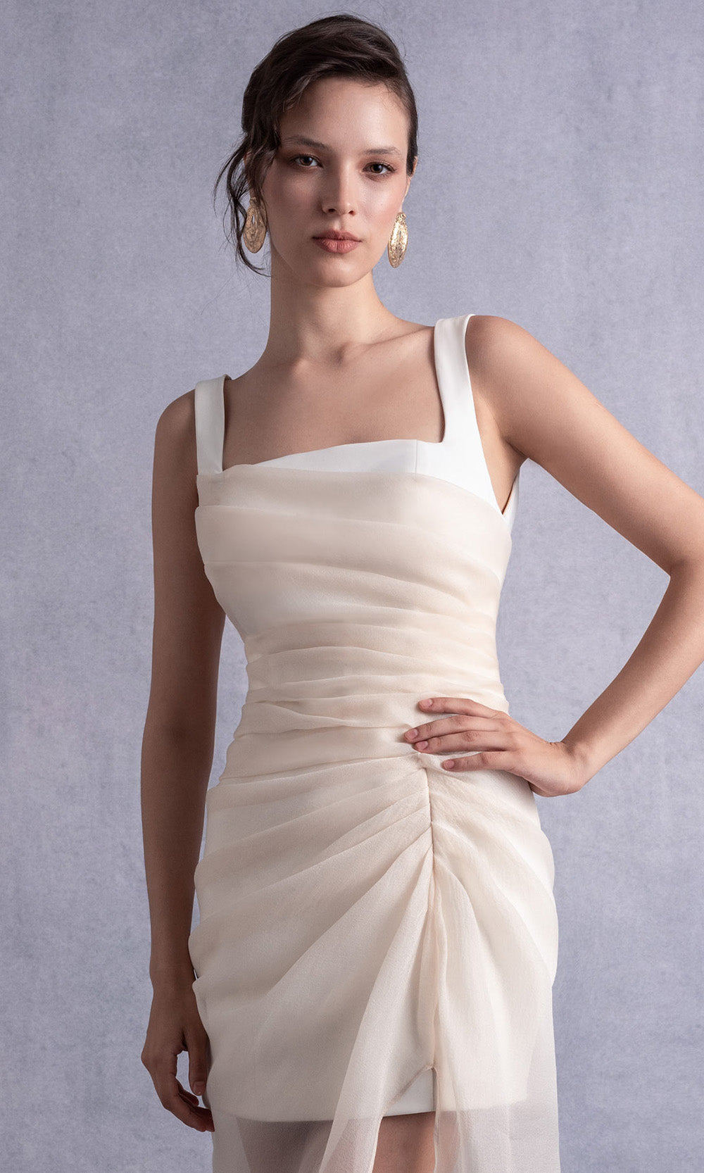 MNM COUTURE GOS2511 - Square Neck Ruched Illusion Dress Prom Dresses Nude