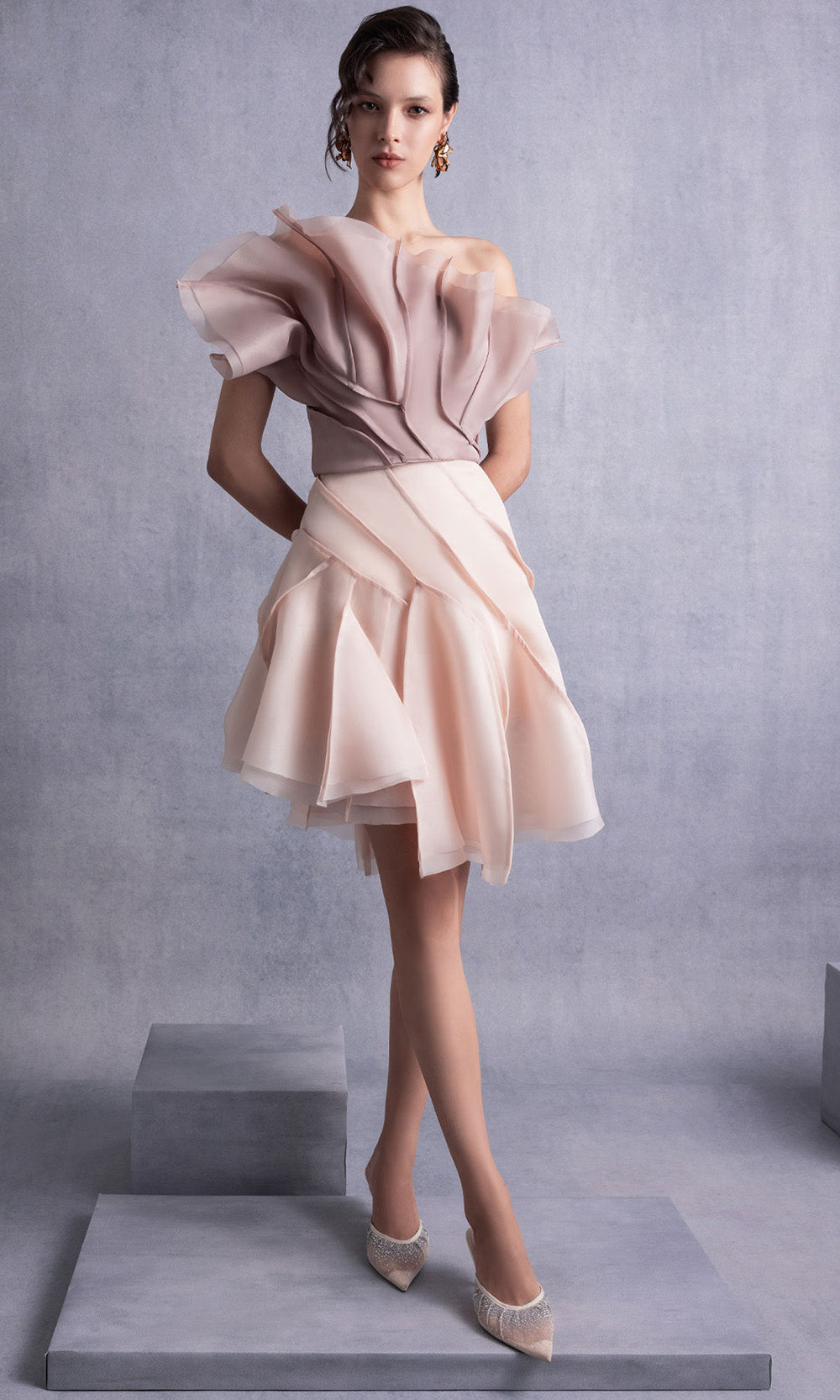 MNM COUTURE GOS2514 - Ruffle Top Layered A-Line Dress Prom Dresses in Nude