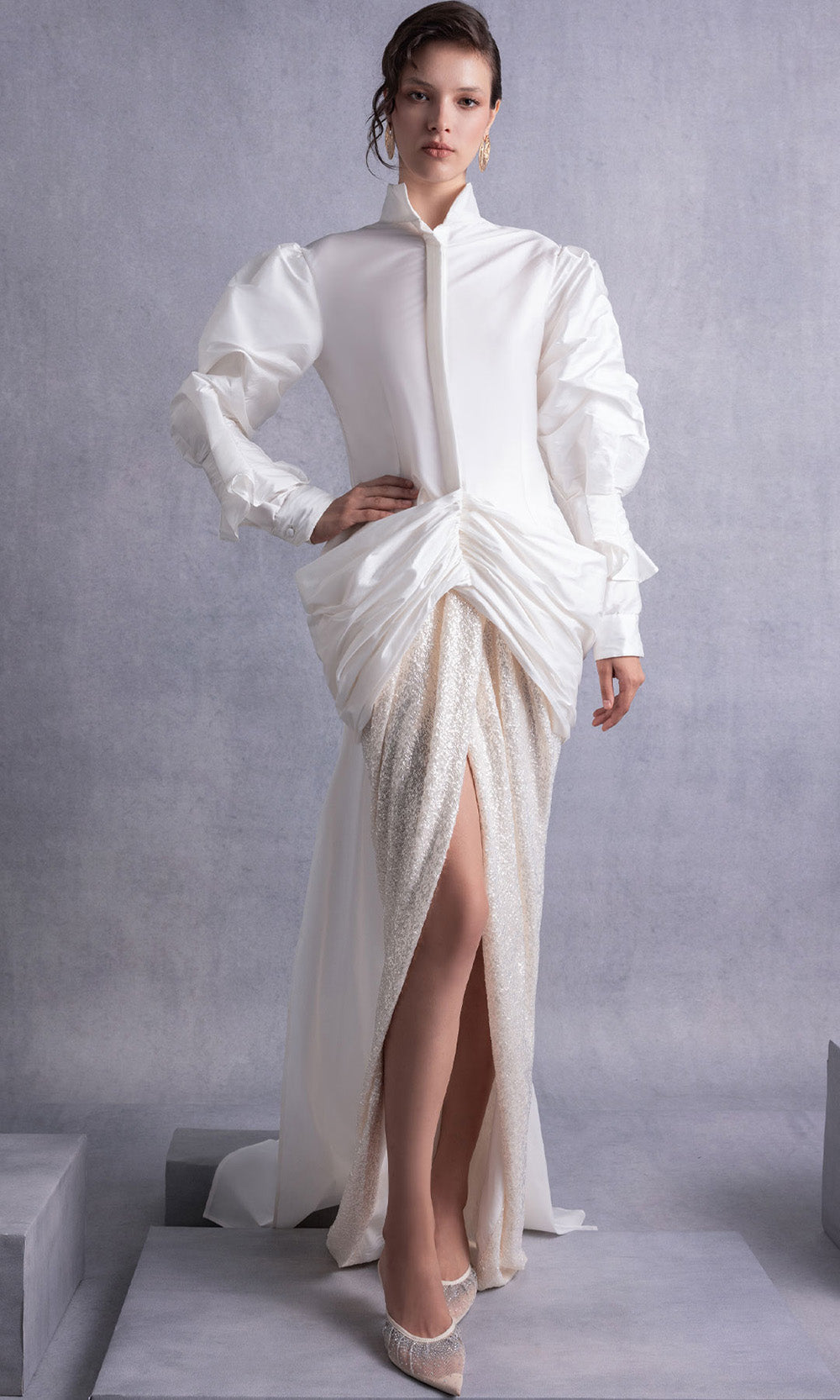 MNM COUTURE GOS2516 - Collared Neckline Draped Sequin Gown Prom Dresses in Off White