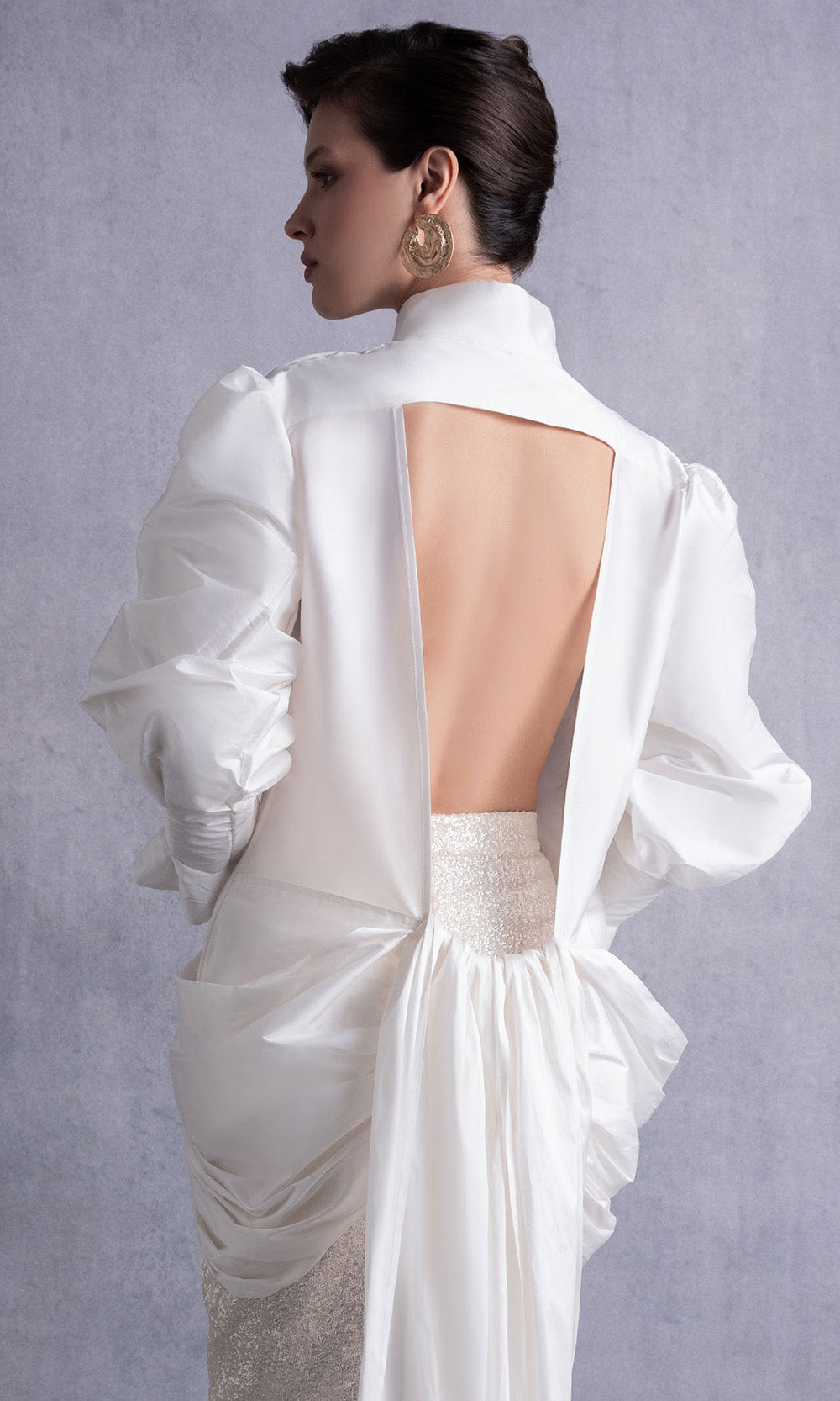 MNM COUTURE GOS2516 - Collared Neckline Draped Sequin Gown Prom Dresses in Off White