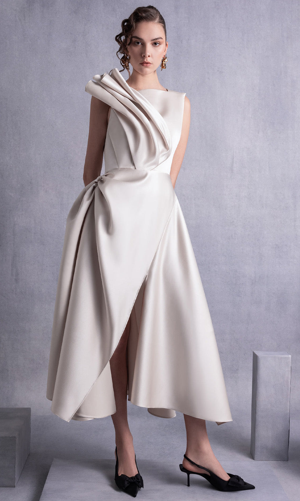 MNM COUTURE GOS2517 - Draped Bodice Sleeveless Tea-Length Dress Prom Dresses in Gold