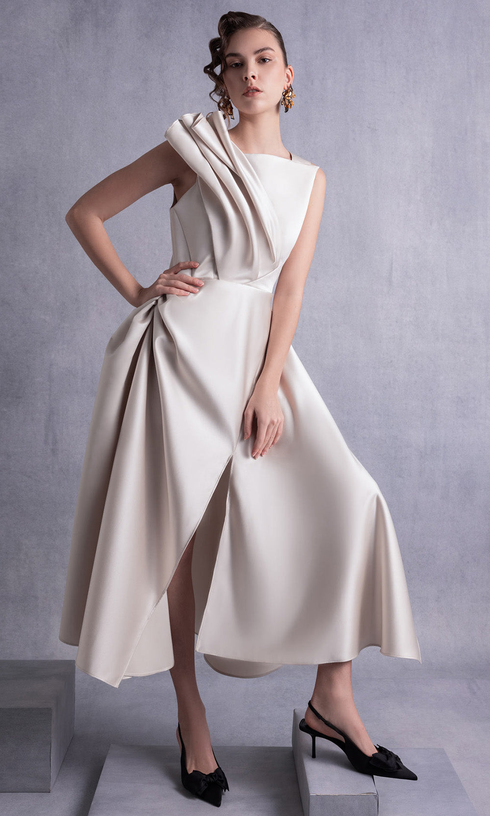 MNM COUTURE GOS2517 - Draped Bodice Sleeveless Tea-Length Dress Prom Dresses in Gold