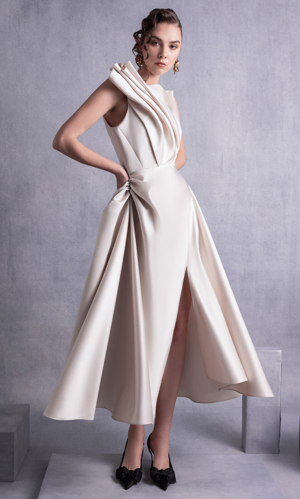 MNM COUTURE GOS2517 - Draped Bodice Sleeveless Tea-Length Dress Prom Dresses in Gold