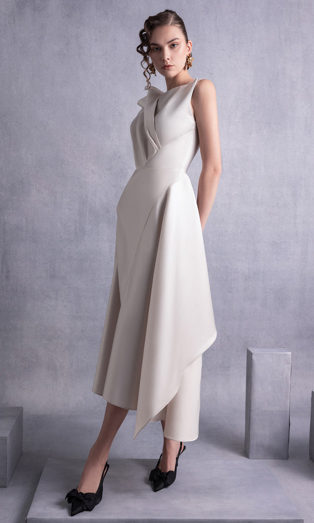 MNM COUTURE GOS2517 - Draped Bodice Sleeveless Tea-Length Dress Prom Dresses in Gold