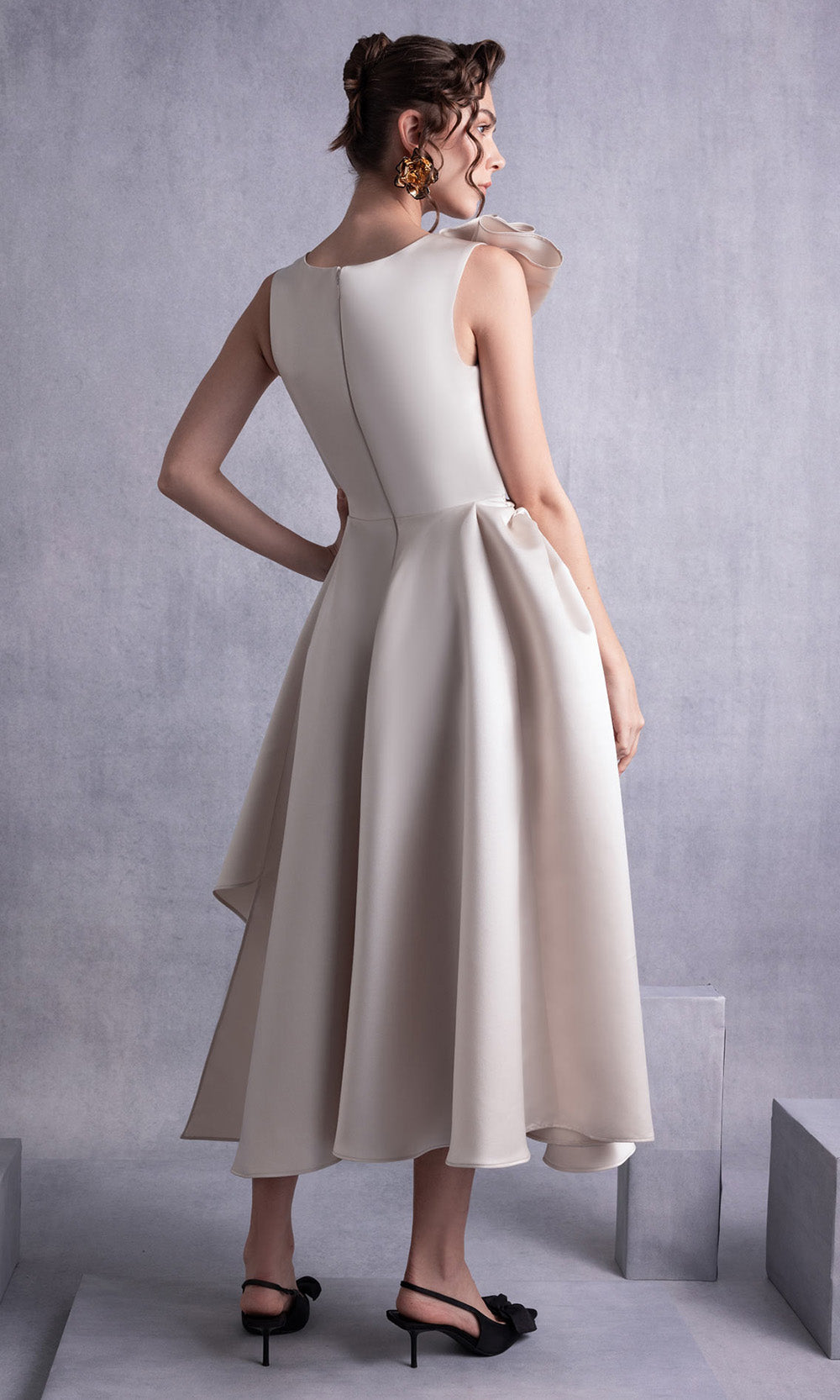 MNM COUTURE GOS2517 - Draped Bodice Sleeveless Tea-Length Dress Prom Dresses in Gold