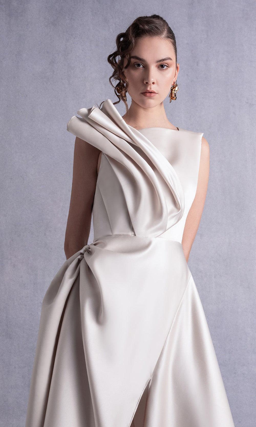 MNM COUTURE GOS2517 - Draped Bodice Sleeveless Tea-Length Dress Prom Dresses in Gold