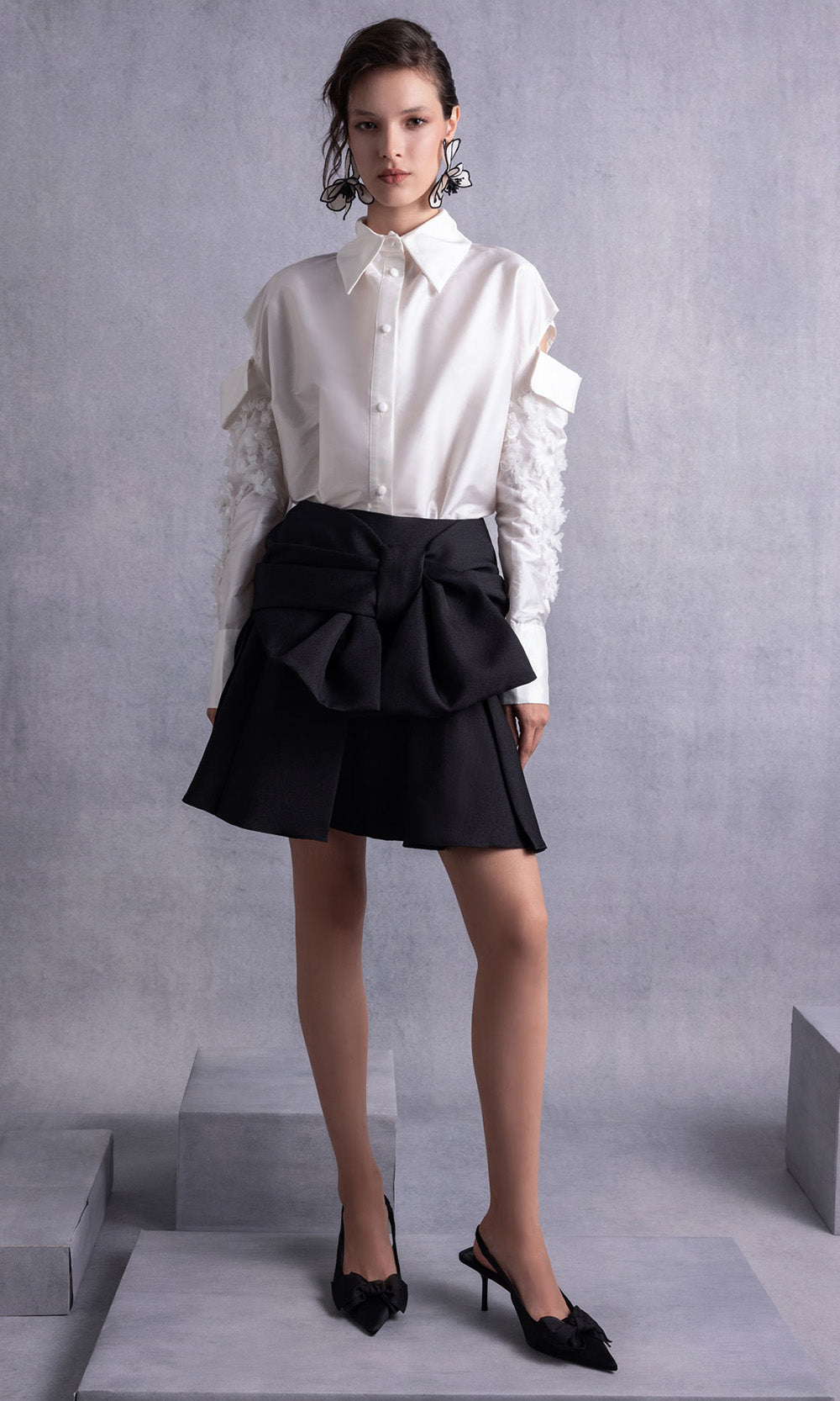 MNM COUTURE GOS2519 - Embroidered Long Sleeve A-Line Short Dress Party Dresses in White Black
