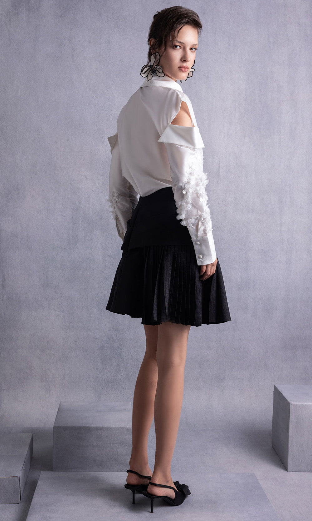 MNM COUTURE GOS2519 - Embroidered Long Sleeve A-Line Short Dress Party Dresses in White Black