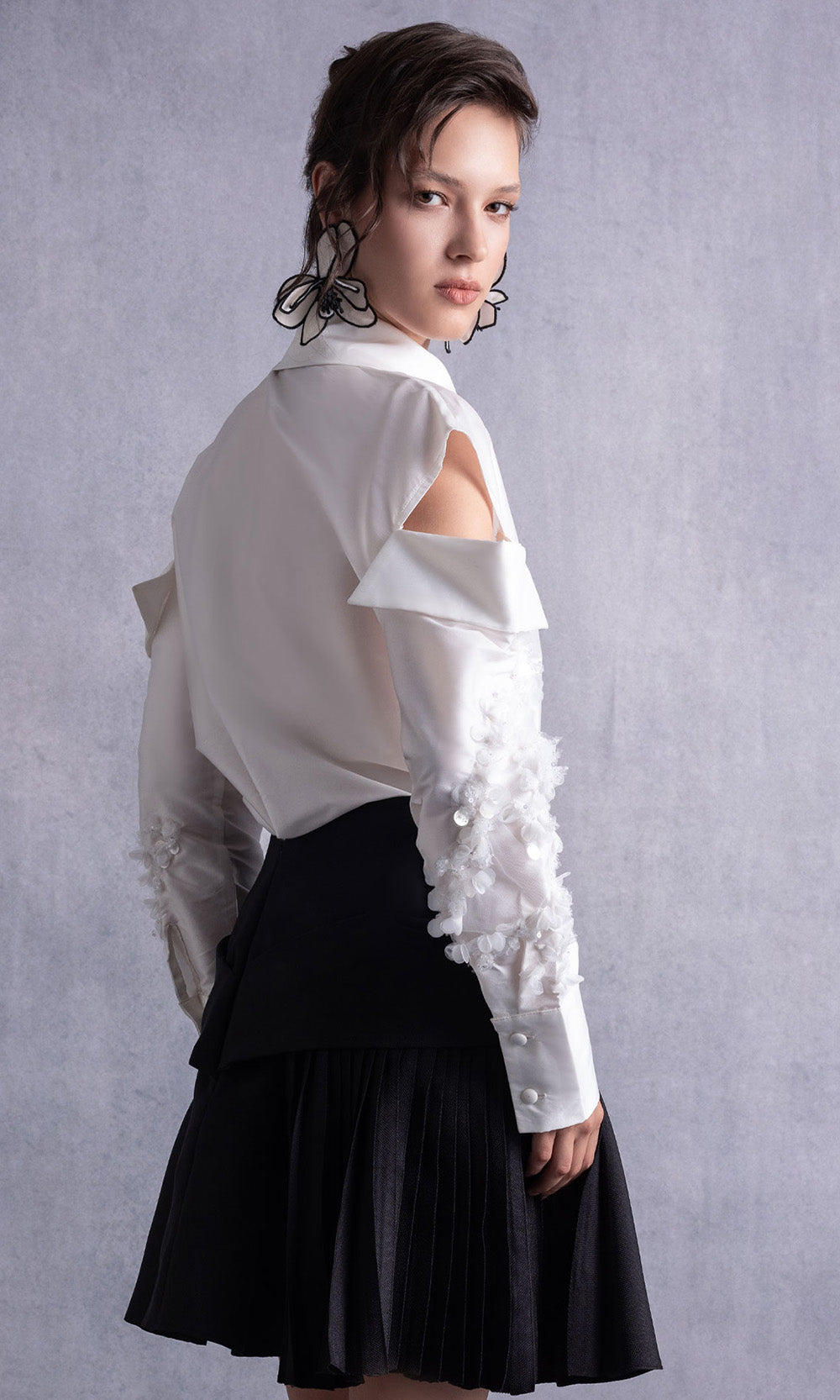 MNM COUTURE GOS2519 - Embroidered Long Sleeve A-Line Short Dress Party Dresses in White Black