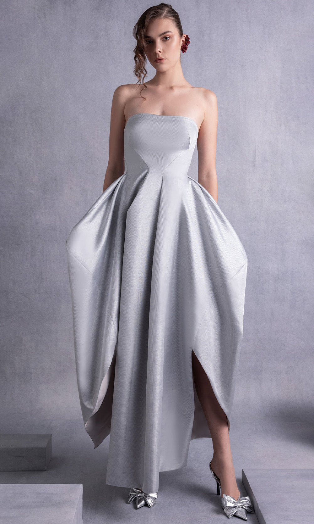 MNM COUTURE GOS2521 - Structured Pleated Mikado Dress Prom Dresses Silver