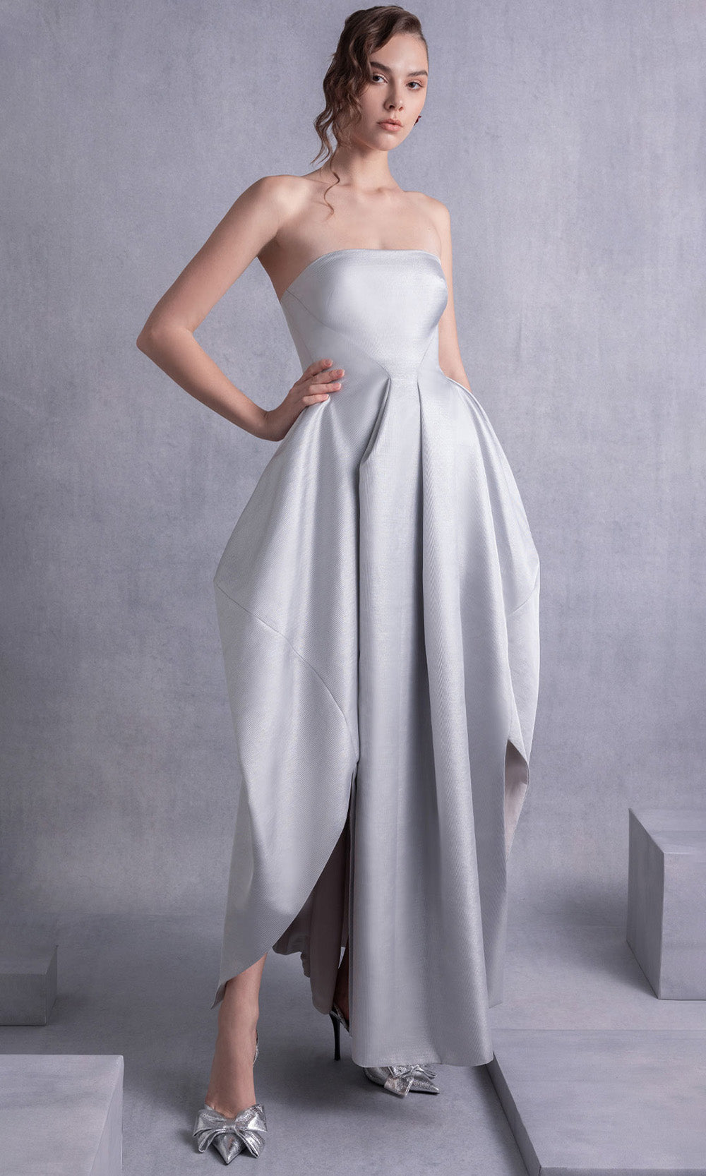 MNM COUTURE GOS2521 - Structured Pleated Mikado Dress Prom Dresses Silver
