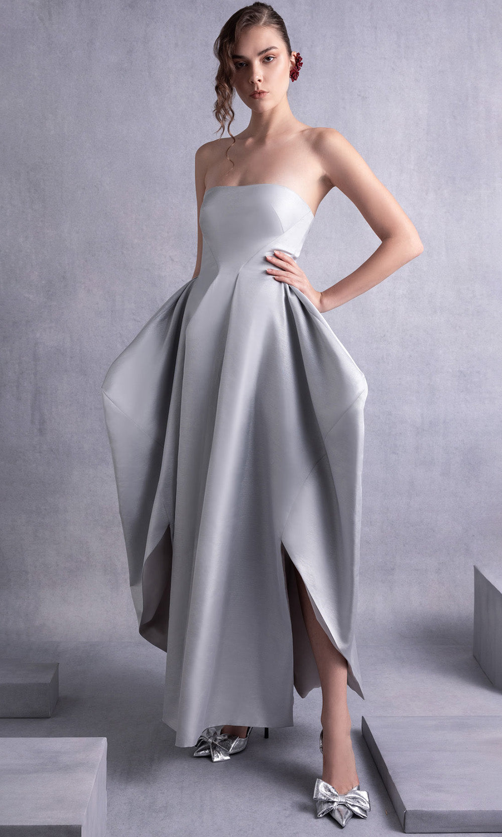 MNM COUTURE GOS2521 - Structured Pleated Mikado Dress Prom Dresses Silver
