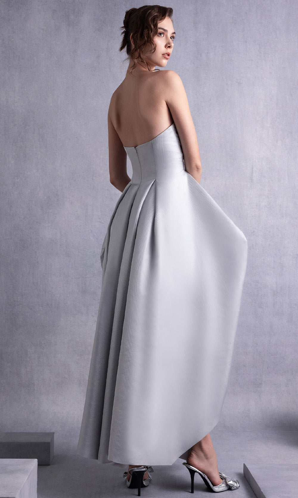 MNM COUTURE GOS2521 - Structured Pleated Mikado Dress Prom Dresses Silver