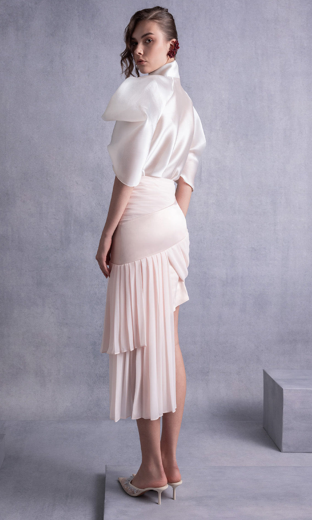 MNM COUTURE GOS2522 - Structured High Collar Pleated Skirt Dress Prom Dresses in Off White