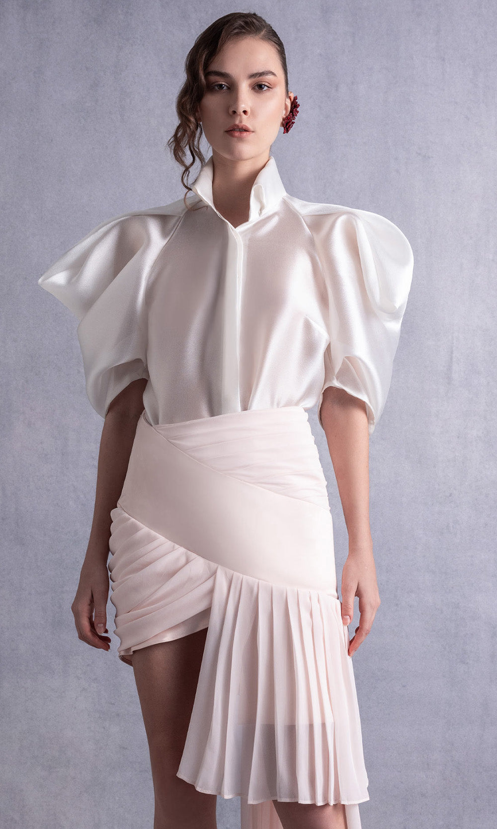 MNM COUTURE GOS2522 - Structured High Collar Pleated Skirt Dress Prom Dresses in Off White