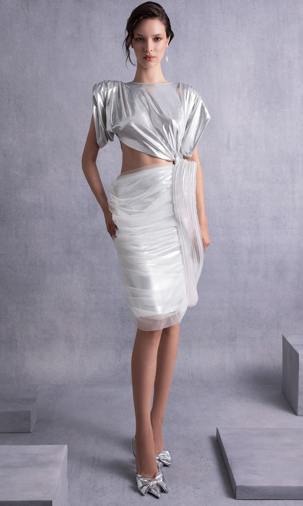 MNM COUTURE GOS2523 - Dolman Cap Sleeve Knee-Length Dress Prom Dresses Silver