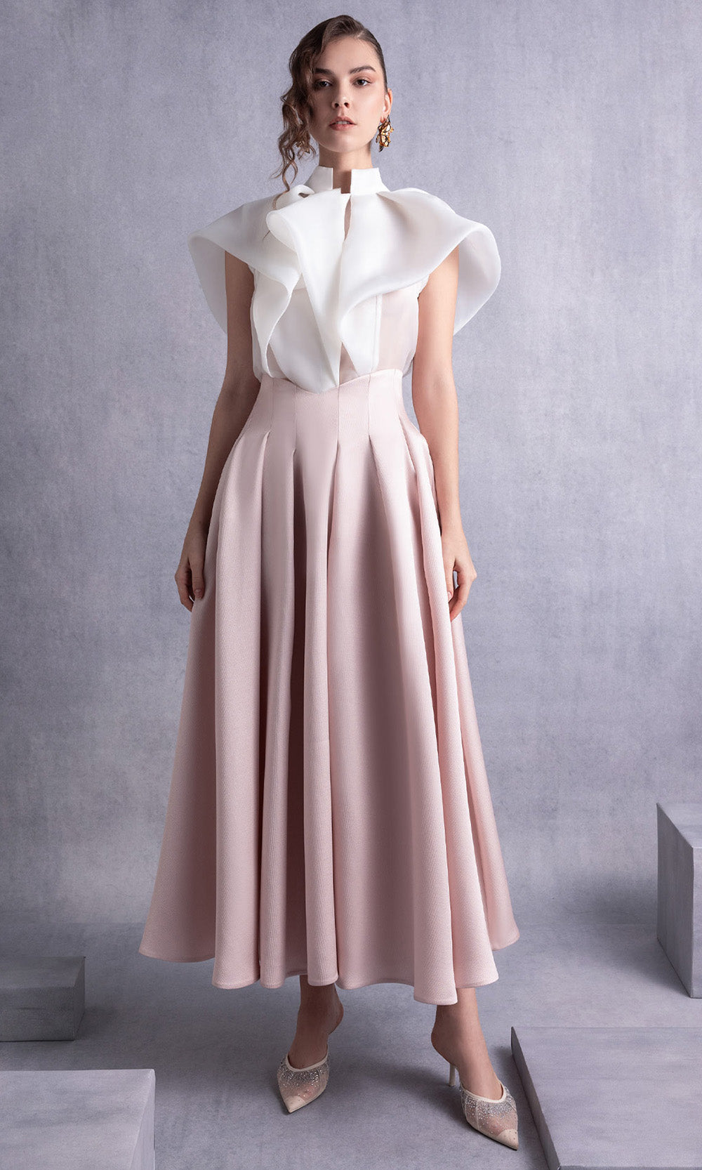 MNM COUTURE GOS2524 - Structured High-Neck Pleated Dress Prom Dresses in White Pink