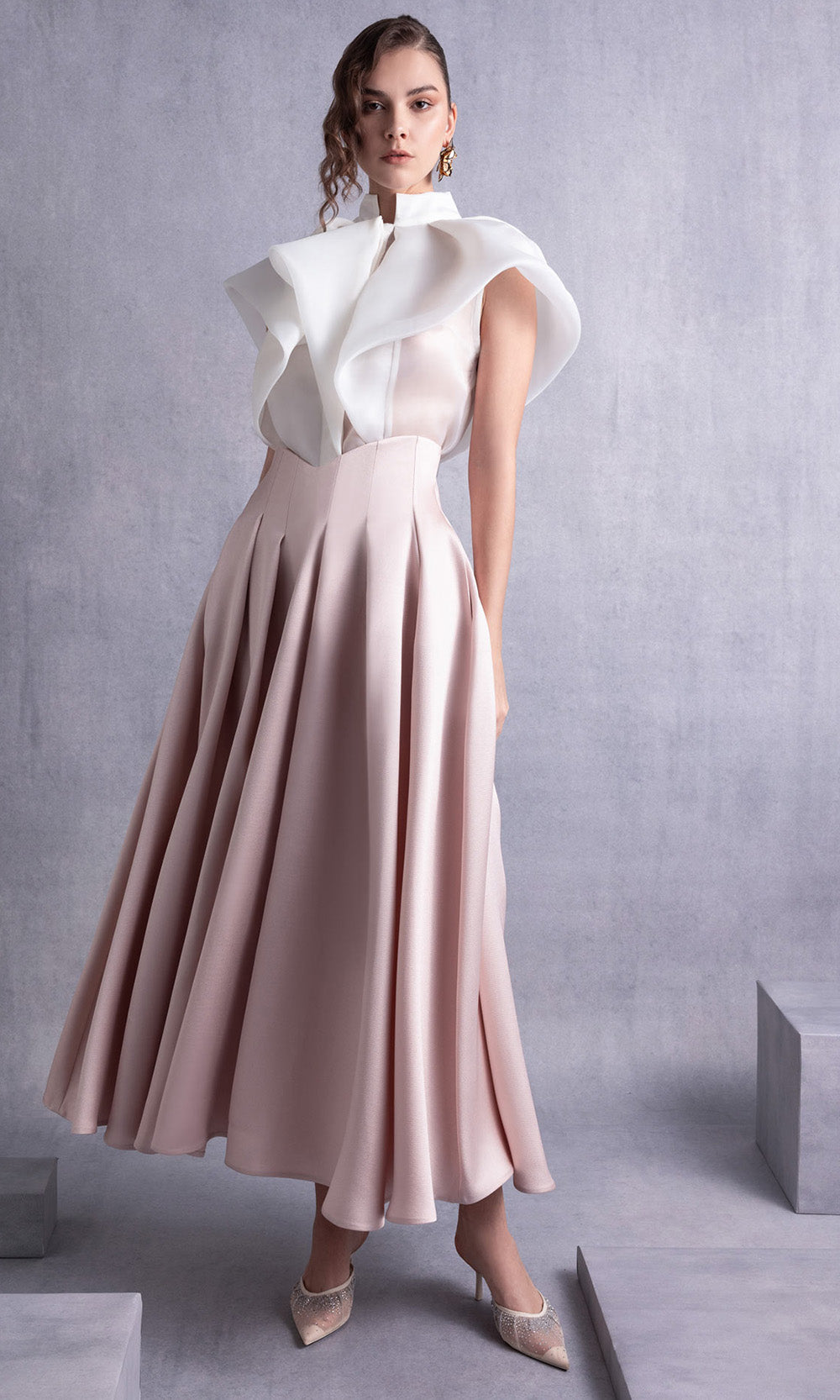 MNM COUTURE GOS2524 - Structured High-Neck Pleated Dress Prom Dresses in White Pink