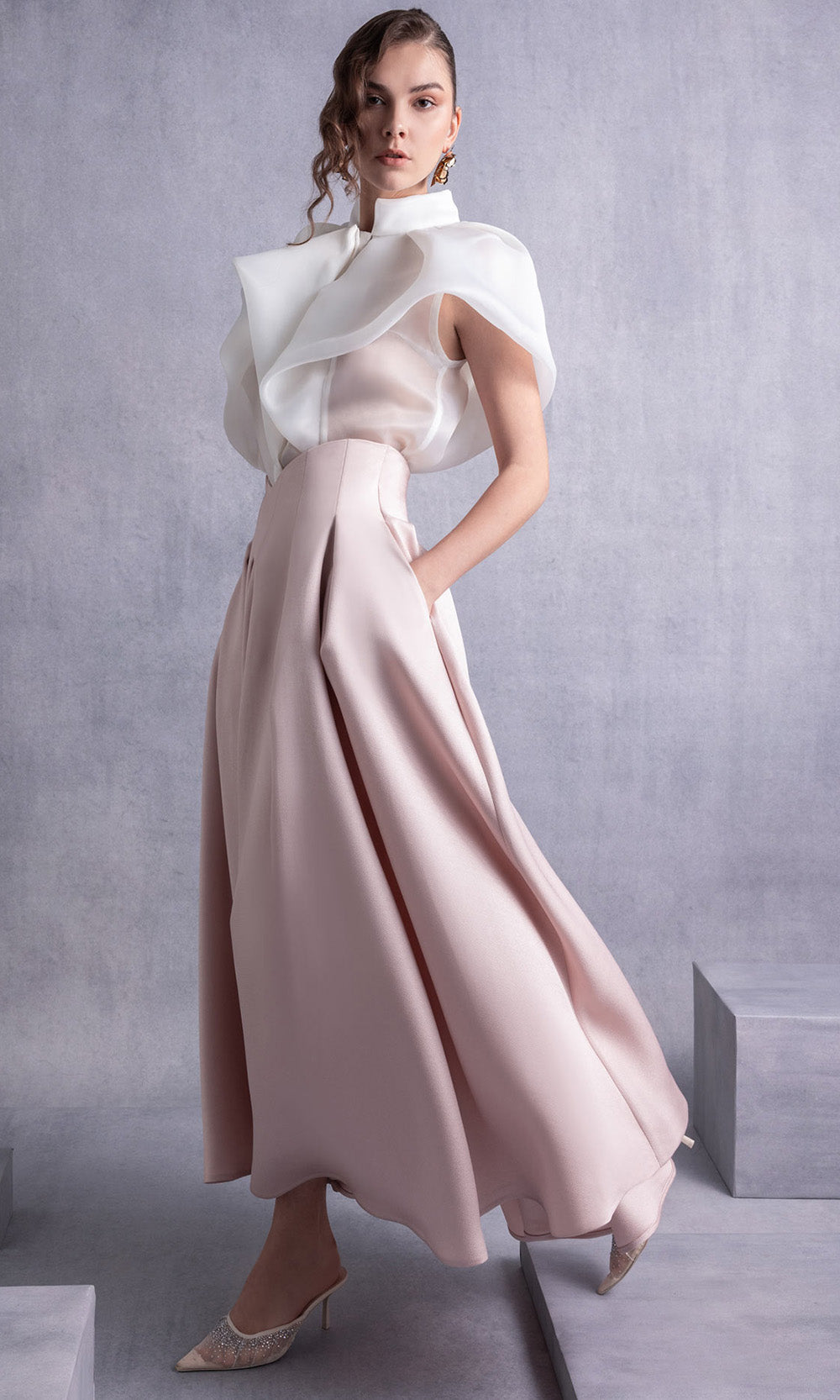 MNM COUTURE GOS2524 - Structured High-Neck Pleated Dress Prom Dresses in White Pink