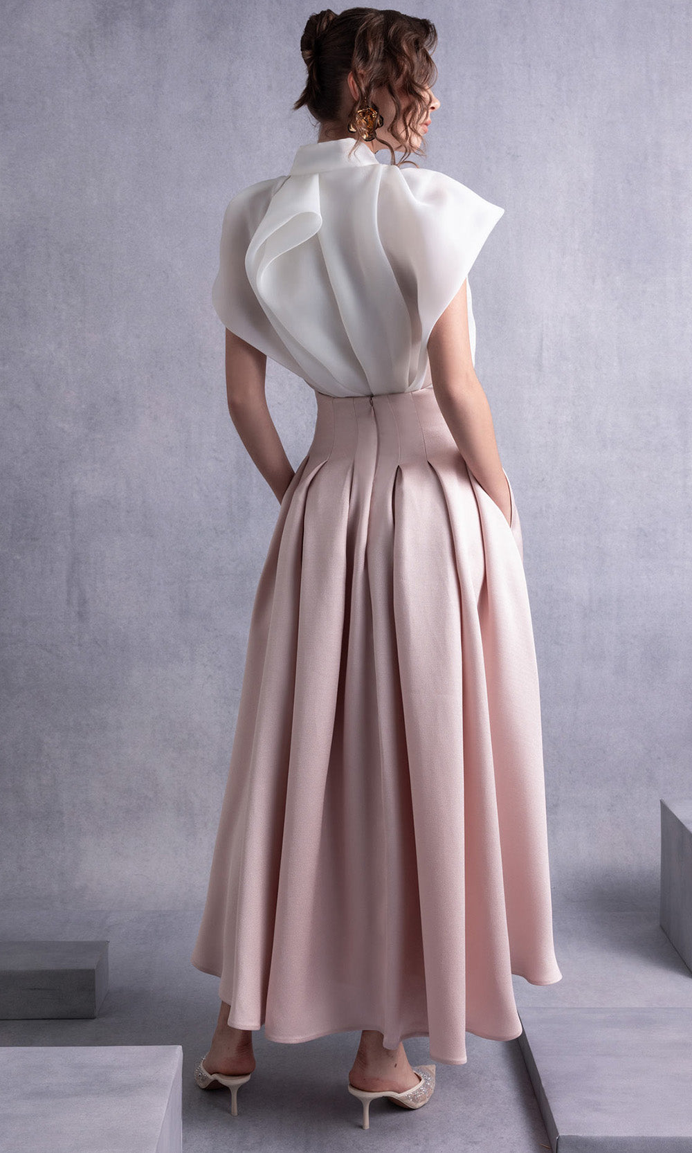 MNM COUTURE GOS2524 - Structured High-Neck Pleated Dress Prom Dresses in White Pink
