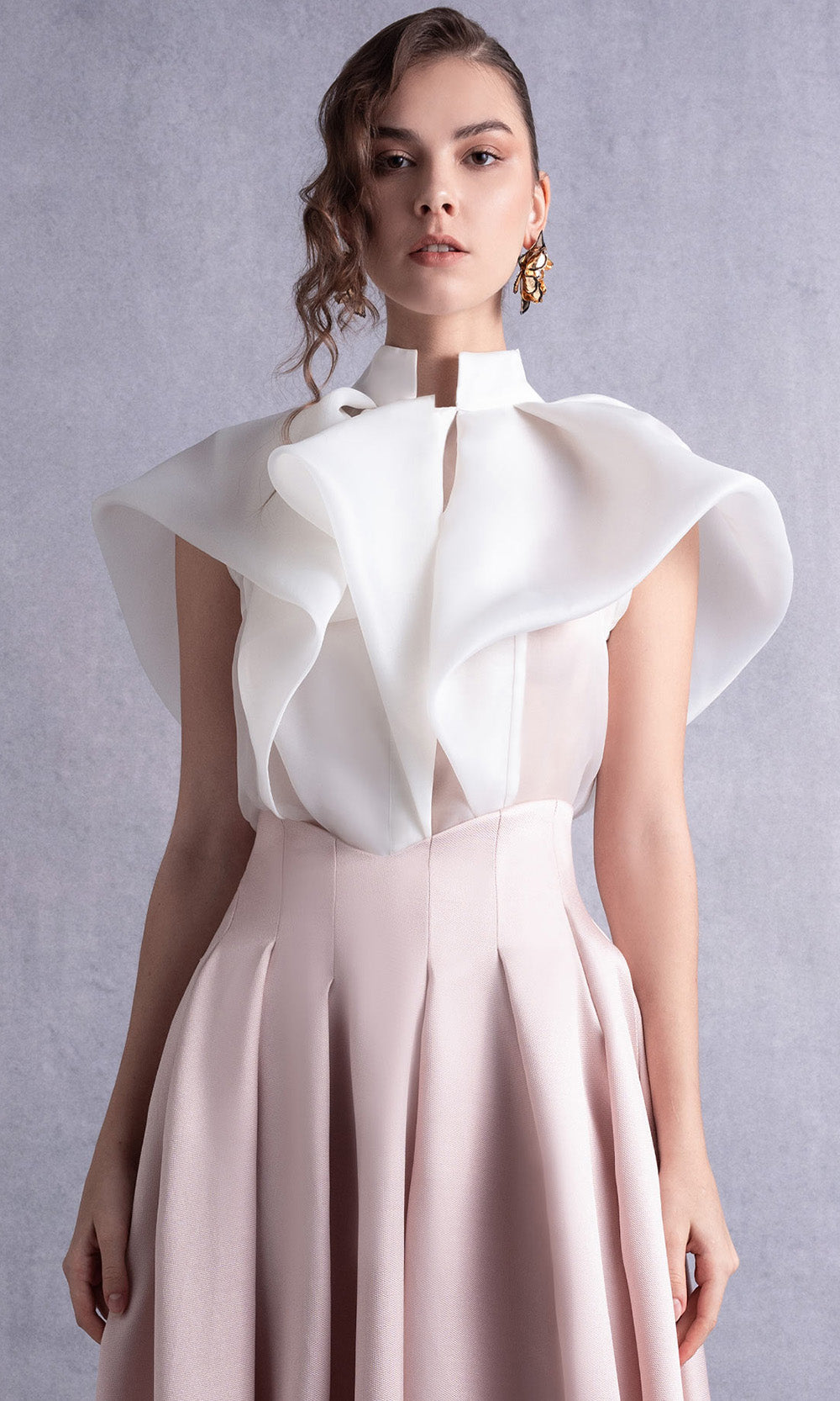 MNM COUTURE GOS2524 - Structured High-Neck Pleated Dress Prom Dresses in White Pink