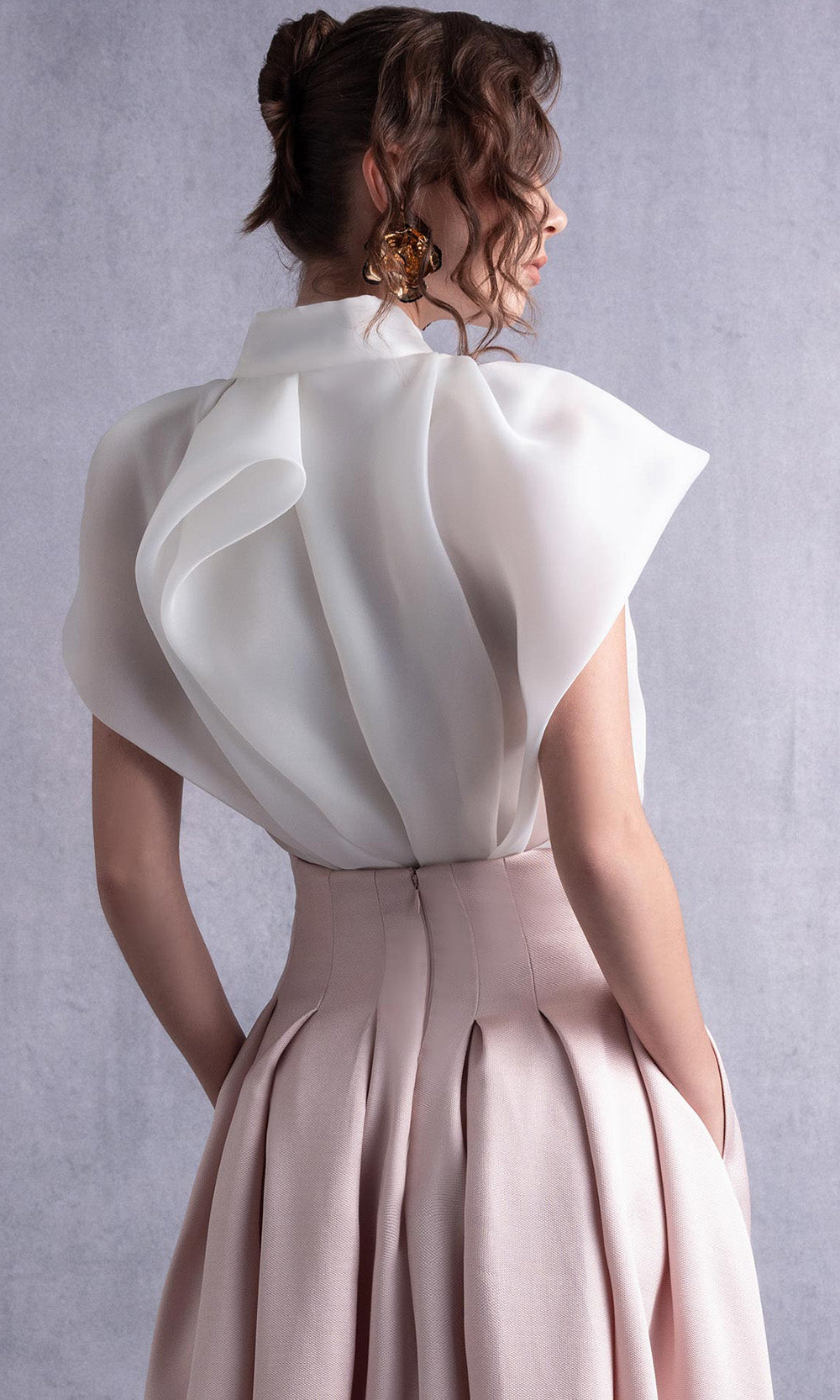 MNM COUTURE GOS2524 - Structured High-Neck Pleated Dress Prom Dresses in White Pink