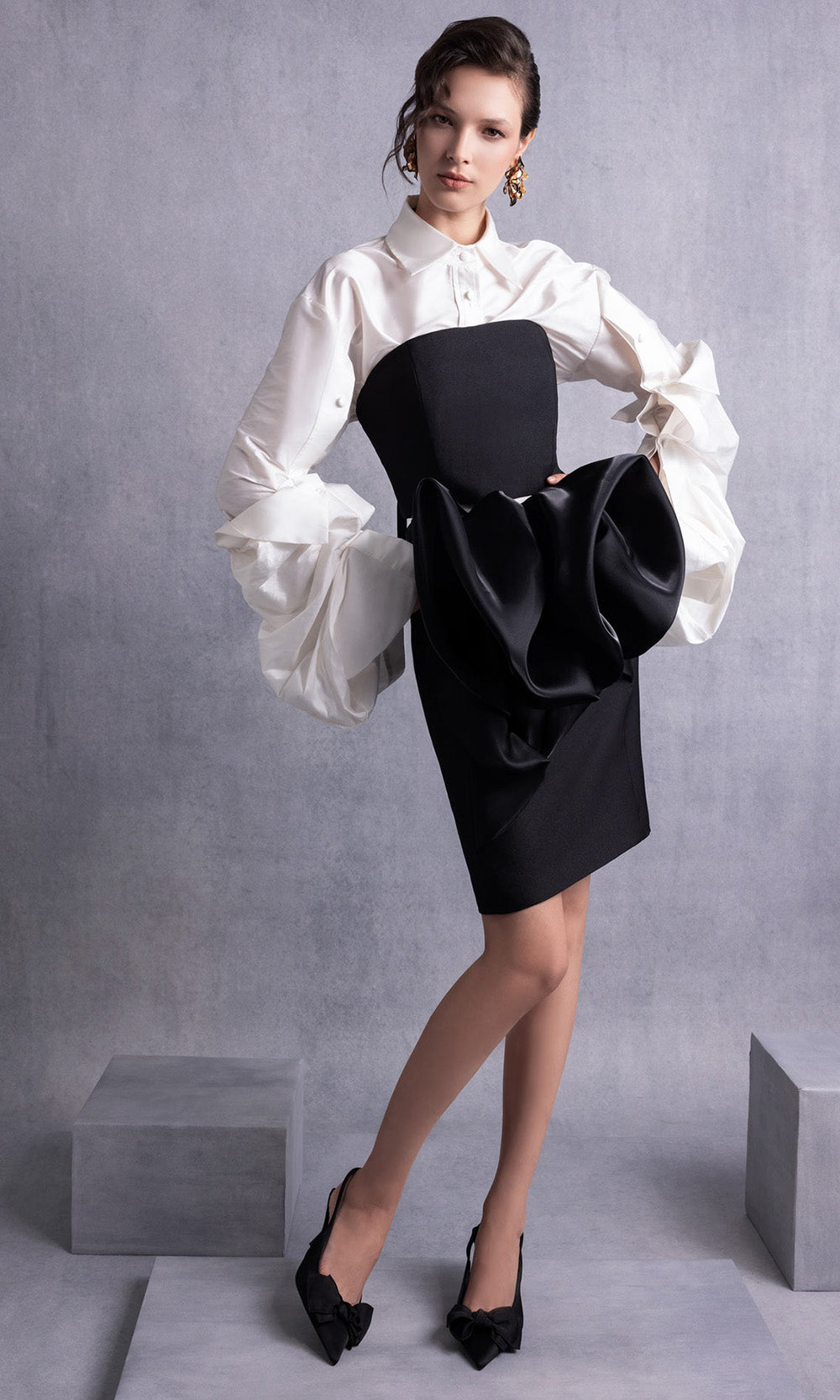 MNM COUTURE GOS2526 - Exaggerated Puffed Sleeve Fitted Dress Prom Dresses in Black White