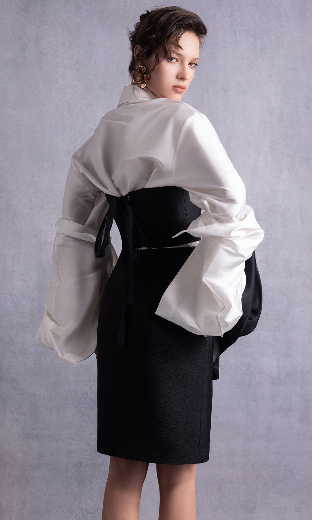 MNM COUTURE GOS2526 - Exaggerated Puffed Sleeve Fitted Dress Prom Dresses in Black White